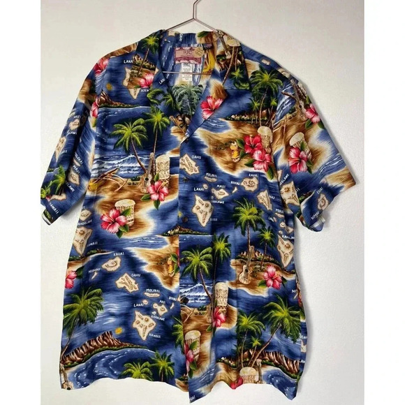 RJC Mens Short Sleeve Button Down Hibiscus Hawaiian Islands Shirt Blue Size 2XL - Picture 4 of 7